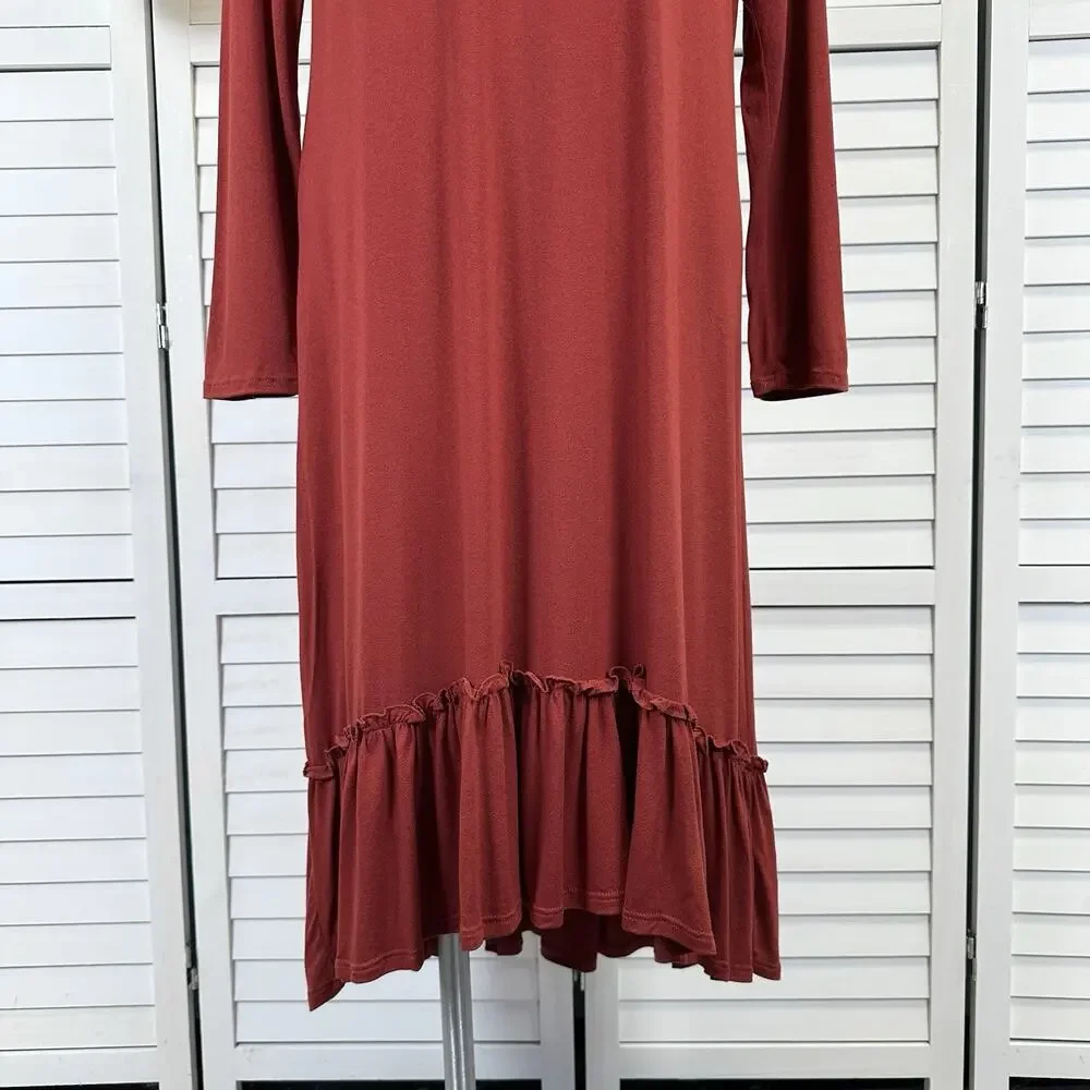 New Stevie Hender Brick Red Tiered Maxi Dress Long Sleeve Stretch Knit Size L - Picture 3 of 8